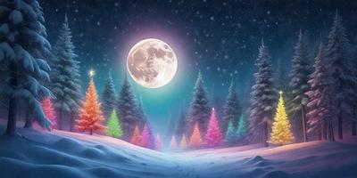 The primary subject of the image is a full moon, which is prominently displayed in the sky. The setting is a snowy landscape with a forest of trees in the background. The visual style is a digital art, creating a surreal and magical atmosphere. The dominant colors are shades of blue, white, and pink, which contribute to the serene and enchanting mood of the scene.